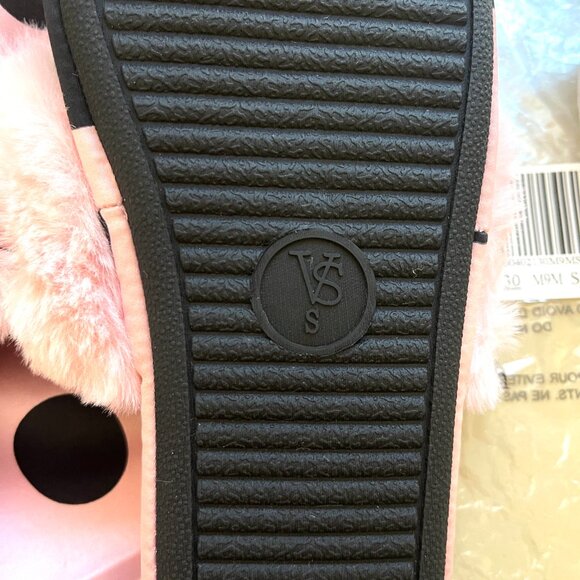 New Victoria's Secret Slippers Small 5 6 Pink Black Dot Satin Faux Fur NWT - Picture 10 of 10
